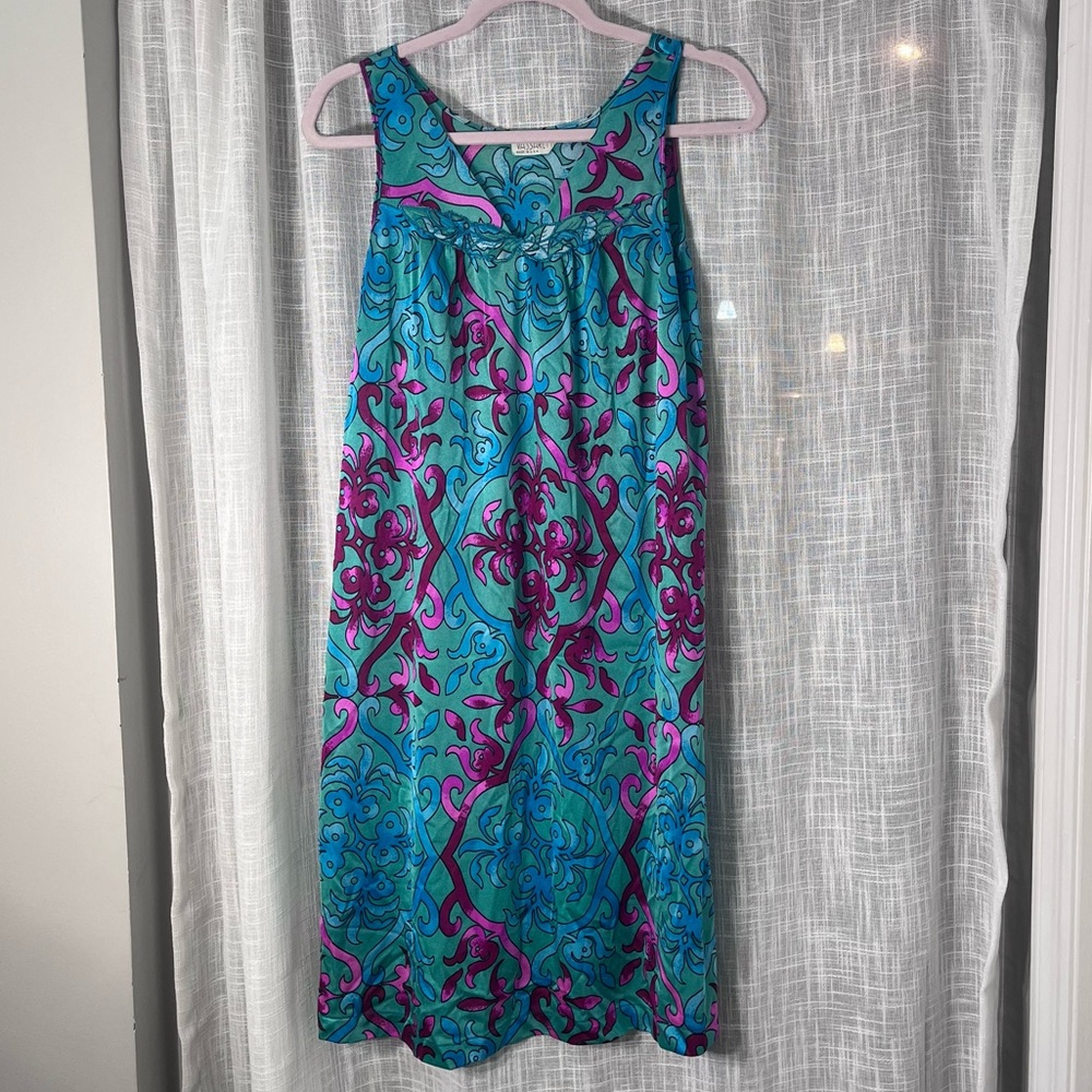 Vintage Vassarette- Teal, Blue & Pink Sleeveless Shift Colorful Nightgown Small